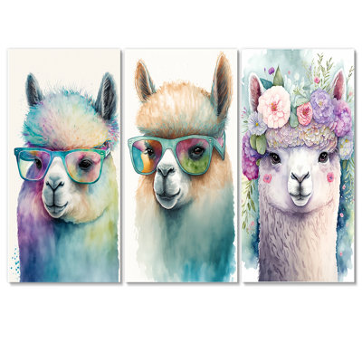 " Cool Alpaca With Sunglasses Watercolour I " 3 Piece Art Color Photography Set