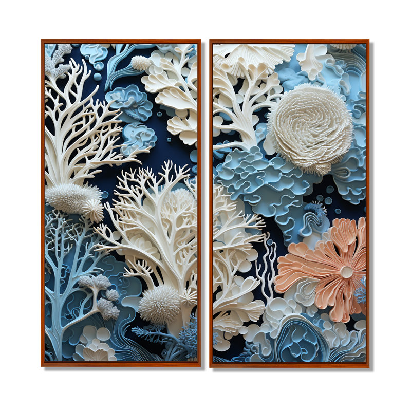 Sous l'eau, coraux bleus et blancs, collage I - art mural bleu, 2 pièces, 40" H x 40" W, Impression encadrée flottante, Brown