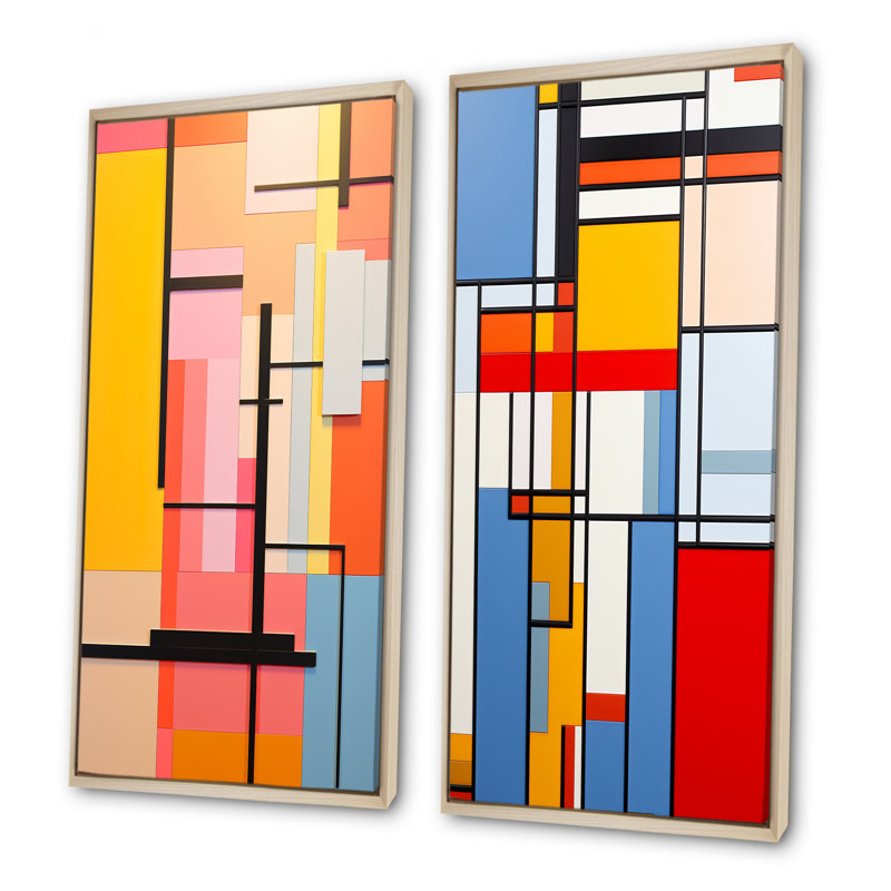 Ensemble de 2 décorations murales géométriques pastel De Stijl, H 32 po x l 33 po, Cadre flottant brun