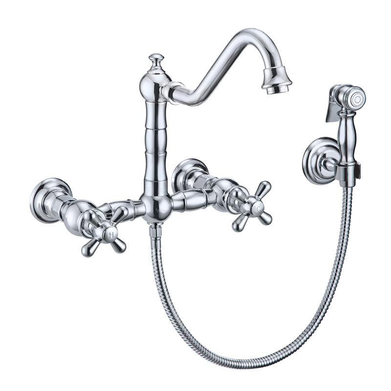 Whitehaus Wall Mount Faucet with Long Traditional Swivel Spout and Solid Brass Side Spray, Polished Chrome, Cross