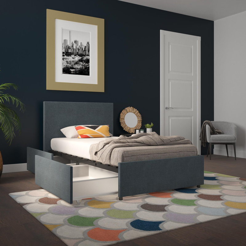 Upholstered Storage Bed, Single (3'), Navy Blue