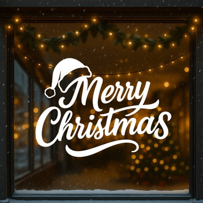 Merry Christmas Wall Sticker – Santa Hat Merry Christmas Decal – Peel And Stick Vinyl Holiday Window Decor For Home, Cafe, Or Office AMC-02