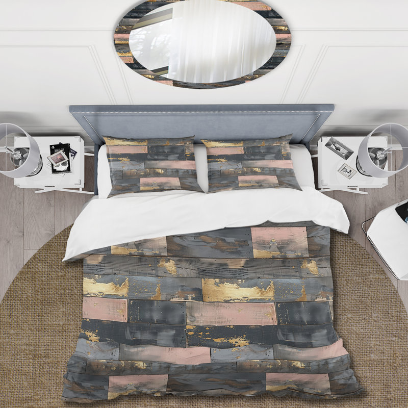 Ensemble de housse de couette Blush Dark Grey Gold Wood Plank II - Country, Twin Duvet Cover + 2 Standard Pillow Shams