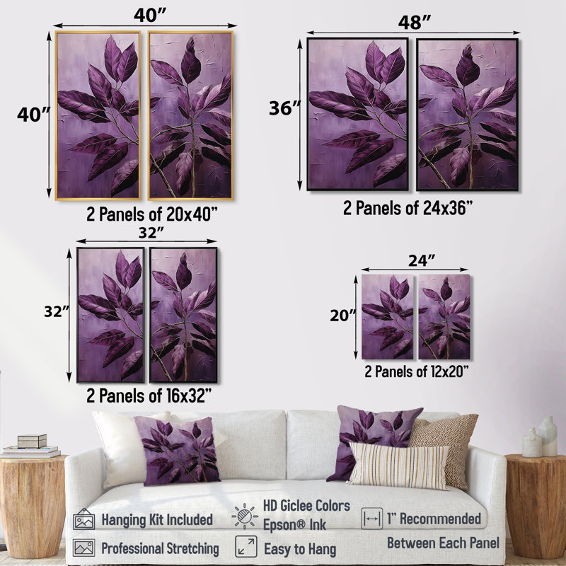 «Purple Leaves Plum Precision II» - impressions sur toile traditionnelles mauves, 36" H x 48" W, Gold