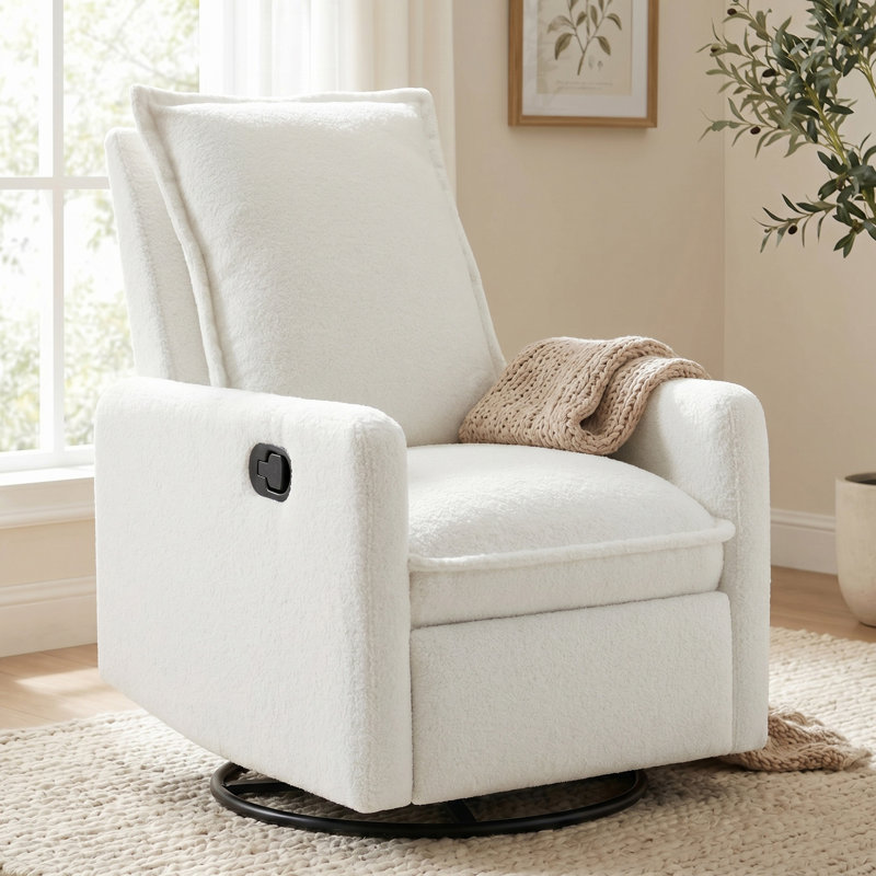 Swivel Rocker Recliner Chair With Manual Recline, Upholstered Glider Recliner For Nursery & Living Room, White Boucle