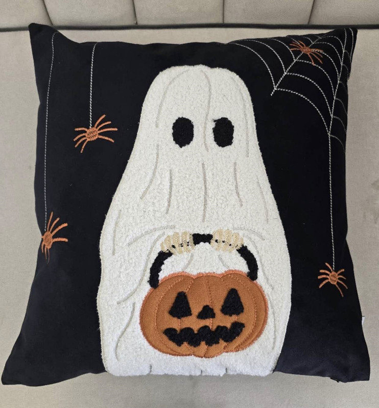 Halloween Ghost with Pumpkin Bucket Throw Pillow