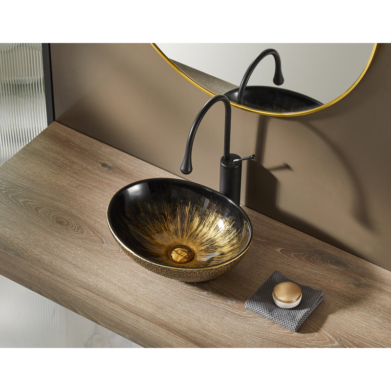 Lavabo vasque ovale en forme d'œuf de 16 po x 13 po MEJE, motif antique, lavabo de comptoir au-dessus du comptoir, or rétro