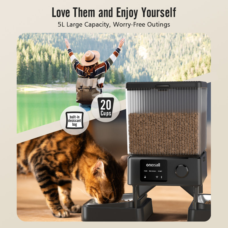 Mangeoire automatique pour chat 5G / 2,4G Oneisall PFD-002 Pro, distributeur de nourriture pour animaux pour 2 chats, 20 tasses / 5L / 169 oz, pour croquettes de 0,5 pouce, avec conservation de la fraîcheur, puissance de secours