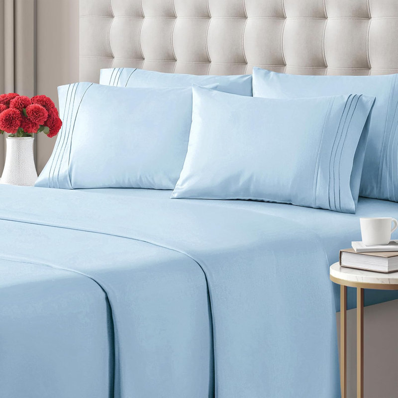 6 Piece Sheet Set, Soft Cooling Bed Sheets, Breathable & Wrinkle Free, Hotel Luxury Bedding, Light Blue