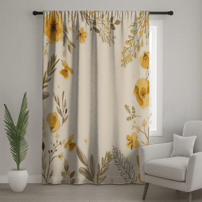 Yellow Floral Illustration Window Curtains, Flowers Sheer & Blockout Curtains - 1 Panel