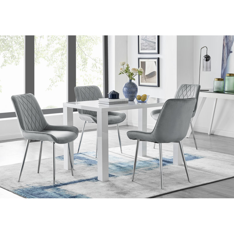 Eubanks High Gloss 4 Seat Rectangular Dining Table Set with Velvet Upholstered Dining Chairs, Blue/Silver