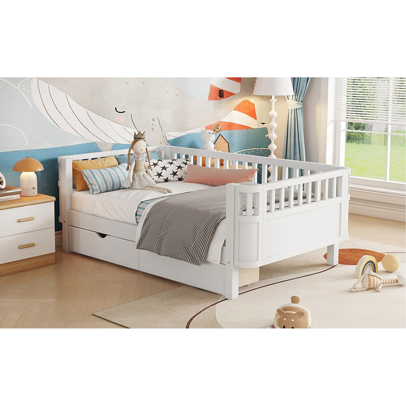 Lit simple blanc pour et, avec un grand espace de rangement sous le lit, des rails à profil bas, une chambre à coucher moderne en bois, avec des tiroirs de rangement, des coins ronds amovibles en blanc, un espace de sommeil sécuritaire