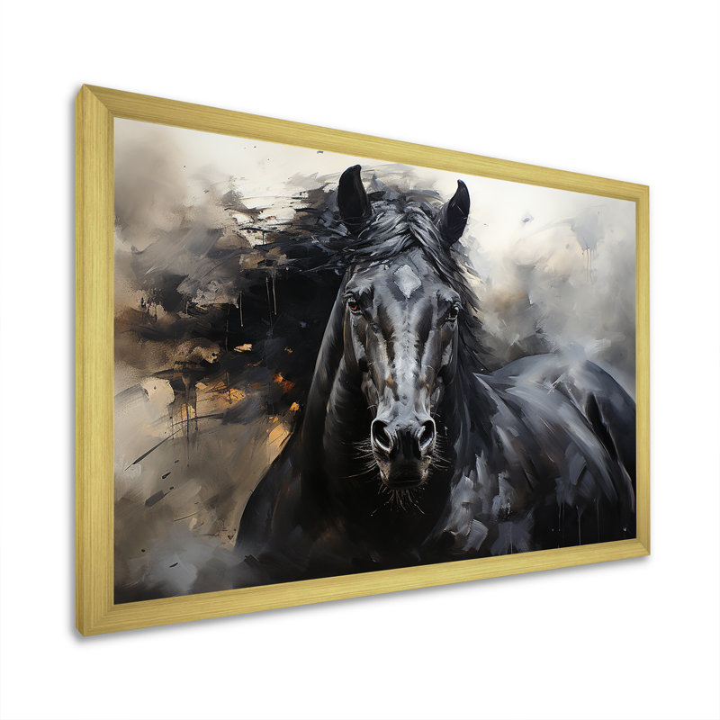 Étalon noir en mouvement - reproductions encadrées de chevaux, Encadrement doré, H 12 po x l 20 po