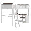 Grand lit mezzanine avec bureau intégré, boîte de rangement, tablettes ouvertes et station de recharge USB, structure de lit mezzanine en bois peu encombrante