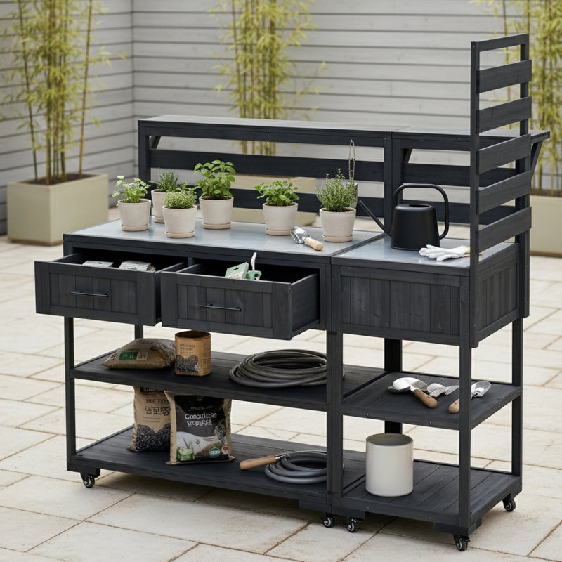 Îlot de cuisine pour patio avec tablette surélevée et tiroirs, Noir