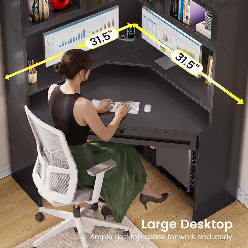 Bureau en coin de 31,5 po avec tiroirs, petit bureau d'ordinateur avec tablettes de rangement et huche, bureau de jeu avec lumières DEL et multiprise pour bureau personnel, noir