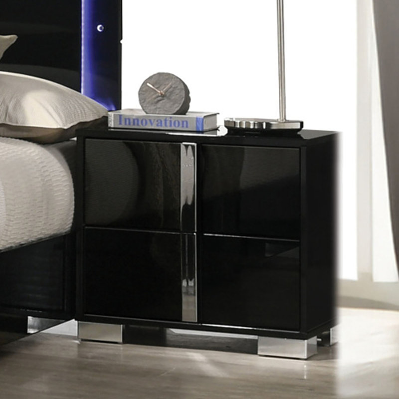 Table de chevet moderne 1pc avec pieds chromés et finition UV, Noir