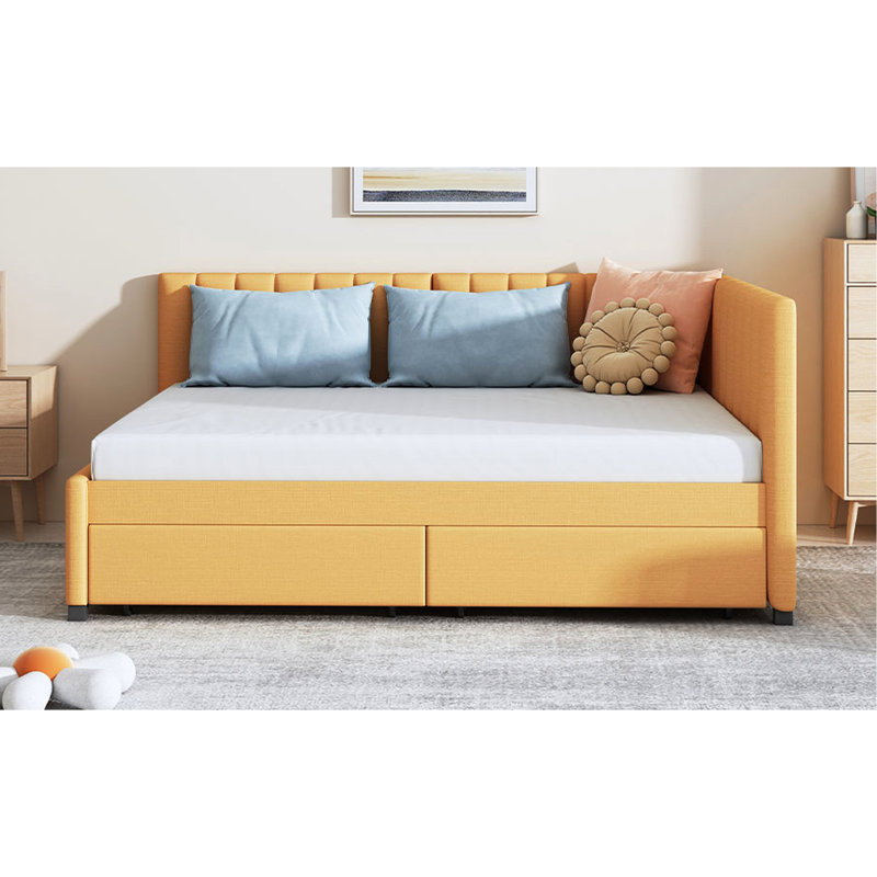 Lit de jour à 2 tiroirs en tissu de lin jaune, sans sommier, support solide avec compartiments, base stable, Jaune