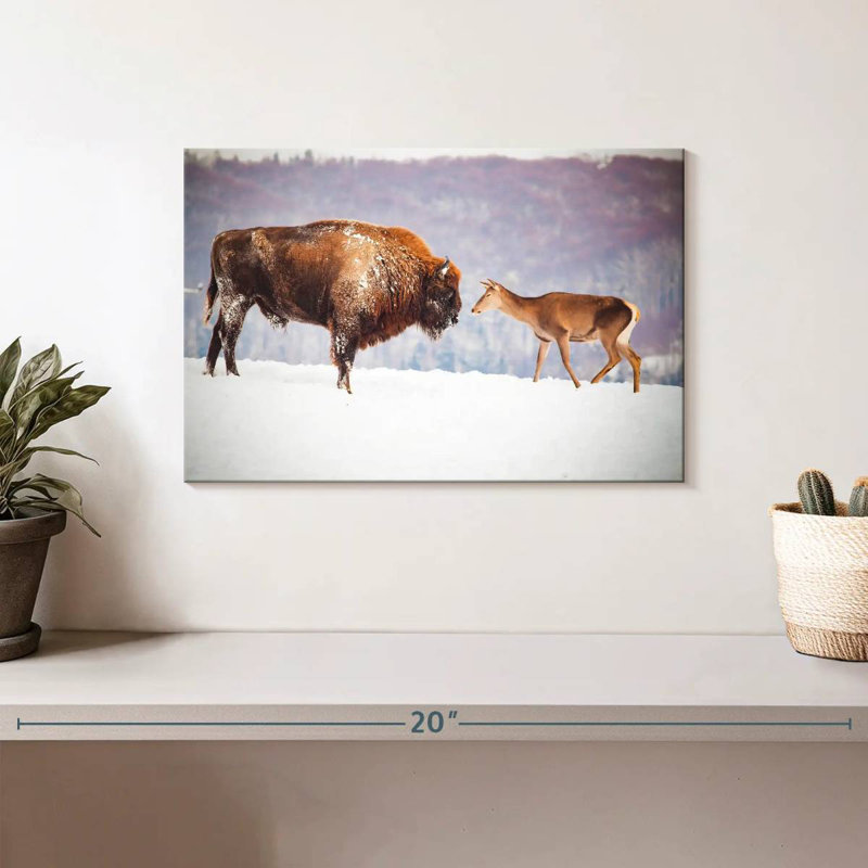 Bison et cerf en hiver, H 8 po x l 12 po