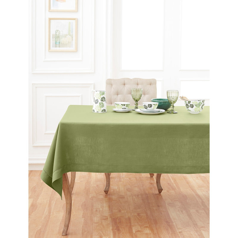 100% Pure Linen Hemstitch Table Throw - Classic Hemstitch, Moss Green