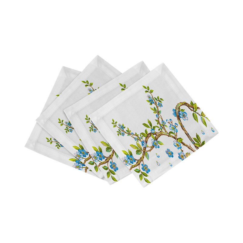Cherry Blossom Cotton Sateen Cocktail Napkins, Blue