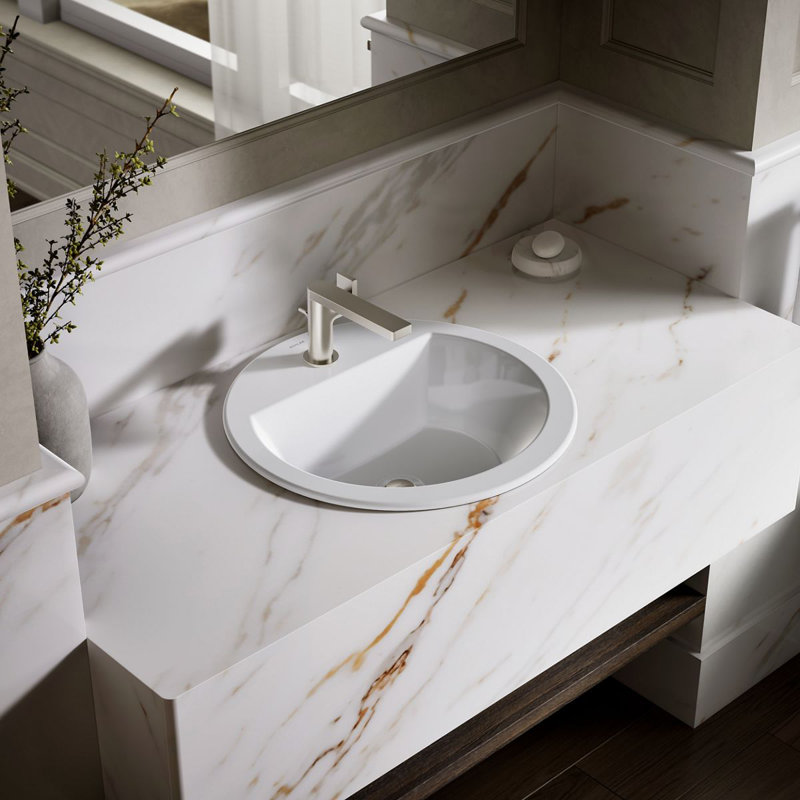 Lavabo de salle de bain circulaire encastré en céramique avec trop-plein Bryant, Blanc, Simple