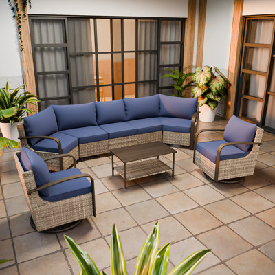 8 Piece Wicker Patio Furniture Set, Half Moon Outdoor Conversation 360 Degree Swivel Chairs Set with Coffee Table