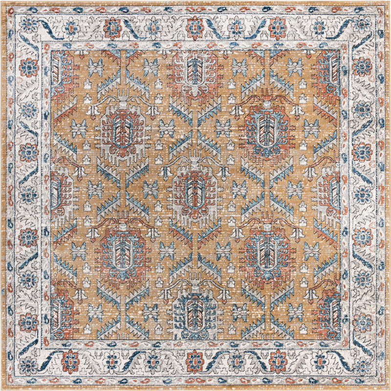 Tapis traditionnel jaune / ivoire, Carré 10 pi