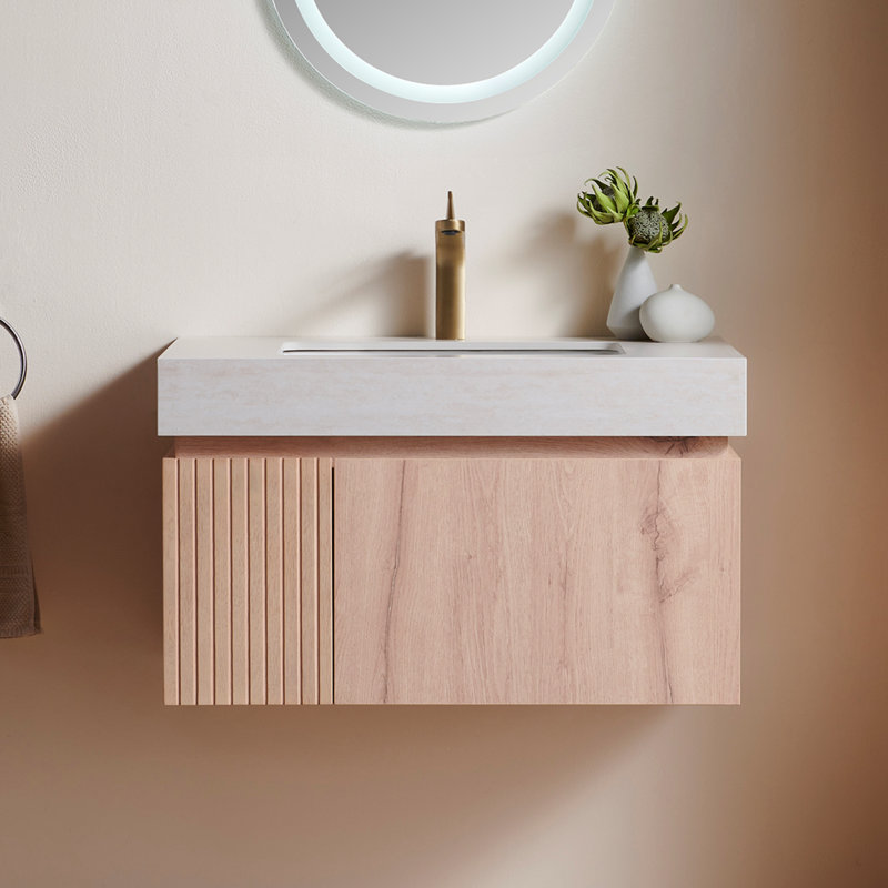 Valenza Modern Bathroom Vanity with Travertine-Pattern Sintered Stone Countertop and Ceramic Basin, White Oak