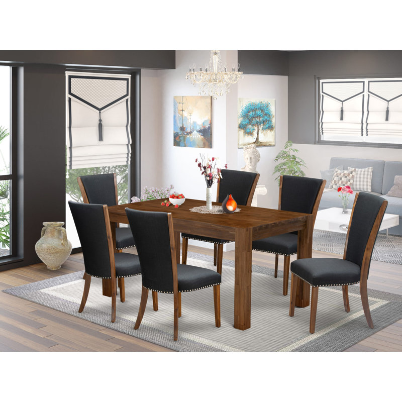 7 Piece Dinette Set Consist of a Rectangle Rustic Wood Dining Room Table and 6 Black Color Linen Fabric Upholstered Chairs, 36x60 Inch, Natural
