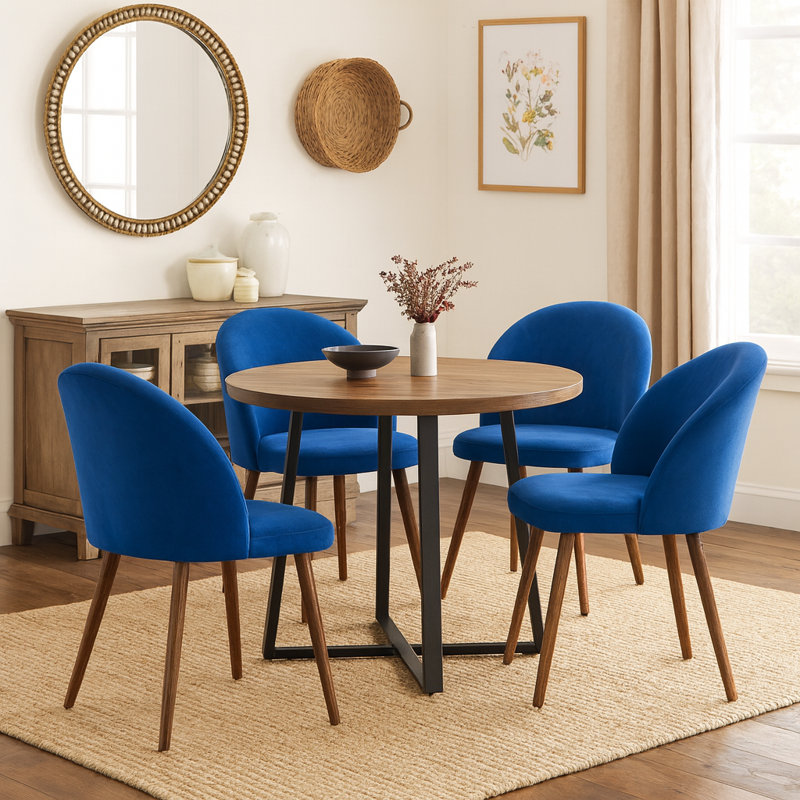 4-Person Round Dining Set With Table And Chairs For Kitchen Or Dining Room, Blue, Brown