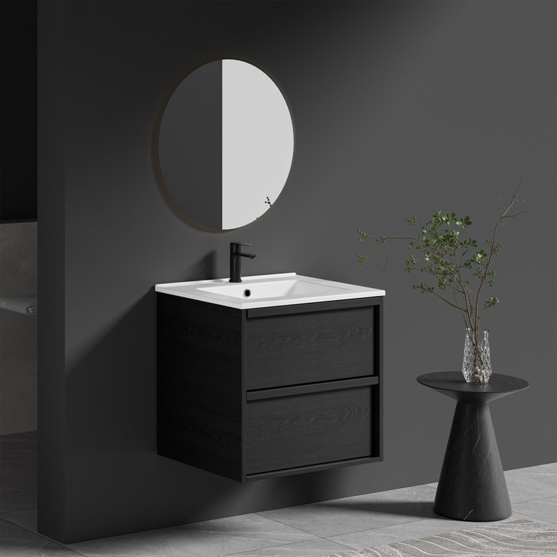 24" Mid-Century Modern Wall-Mounted Vanity With Soft-Close Drawers & Ceramic Sink, 24"