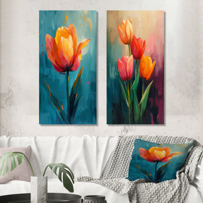 Orange Green Vibrant Bloom Tulips I – Botanical Metal Wall Decor Set of 2 Prints