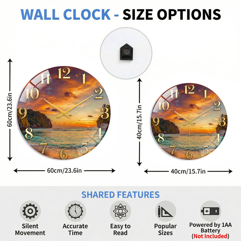 Horloge murale décorative moderne en verre Sunset Beach, 40 x 40 cm (15,7 x 15,7 pouces)