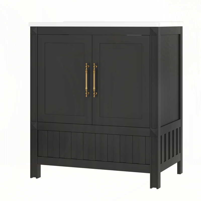 36" Bathroom vanity with sink, multi-functional bathroom cabinet with doors and storage shelves, featuring drawers, Black