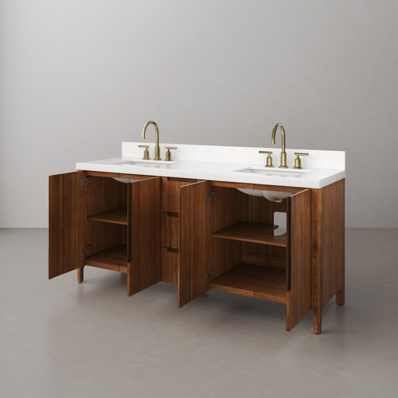 Sequoia 72 In. Double Sink Whitebrook Quartz Countertop Bath Vanity in Mango Wood With Chrome Faucet, Mango Wood, Gold