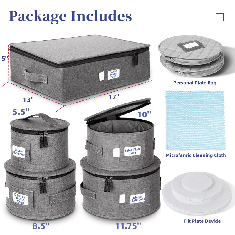 China Storage Containers For 12 Place Setting With Two Plate Bags, 5 Pcs Hard Shell Quilted China Storage Cases,Grey