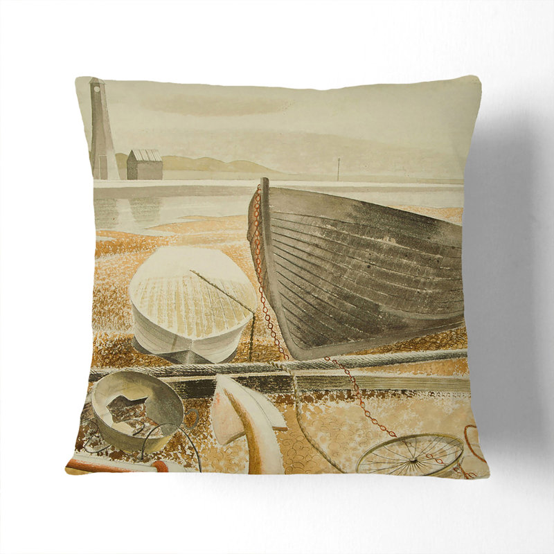 Anchor And Boats Square Throw Cushion, 40cm H x 40cm W x 15cm D, Stone