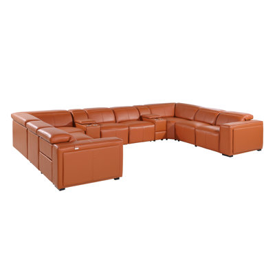 Top Grain Italian Leather 10-Piece U-Shaped Modular Power Reclining Sectional With 4 Power Recliners & Power Headrests