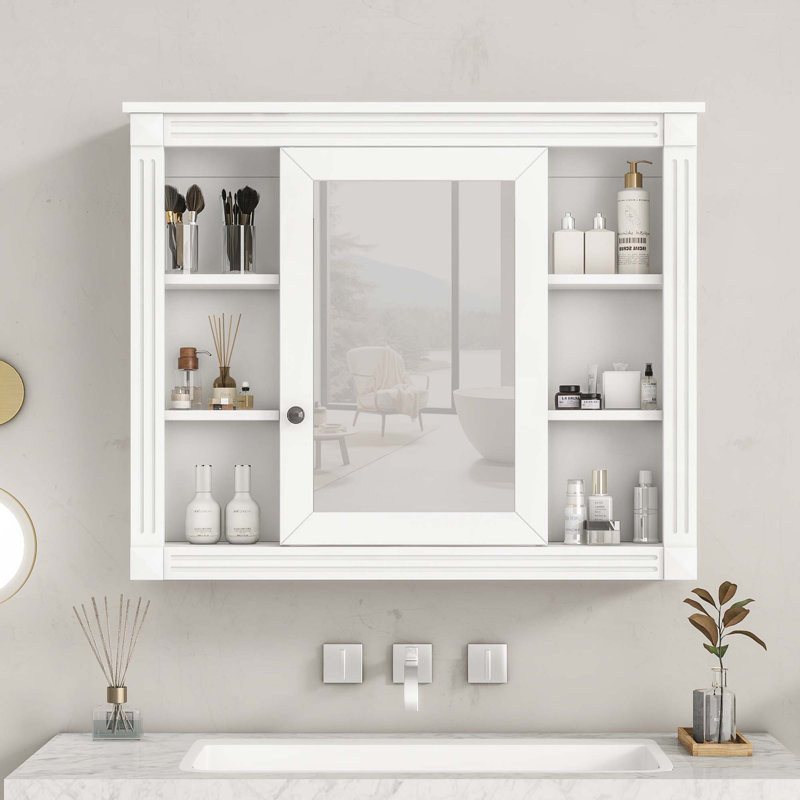 Armoire de rangement murale pour salle de bain, armoire à pharmacie, armoire de salle de bain moderne avec miroir, armoire à miroir avec 6 tablettes ouvertes, meuble-lavabo non inclus
