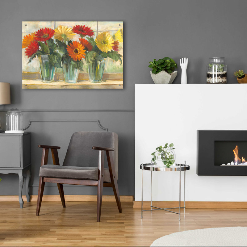 «Gerberas In Glass Vases» par Carol Rowan, art mural en verre acrylique, H 24 po x l 36 po x P 0,2 po