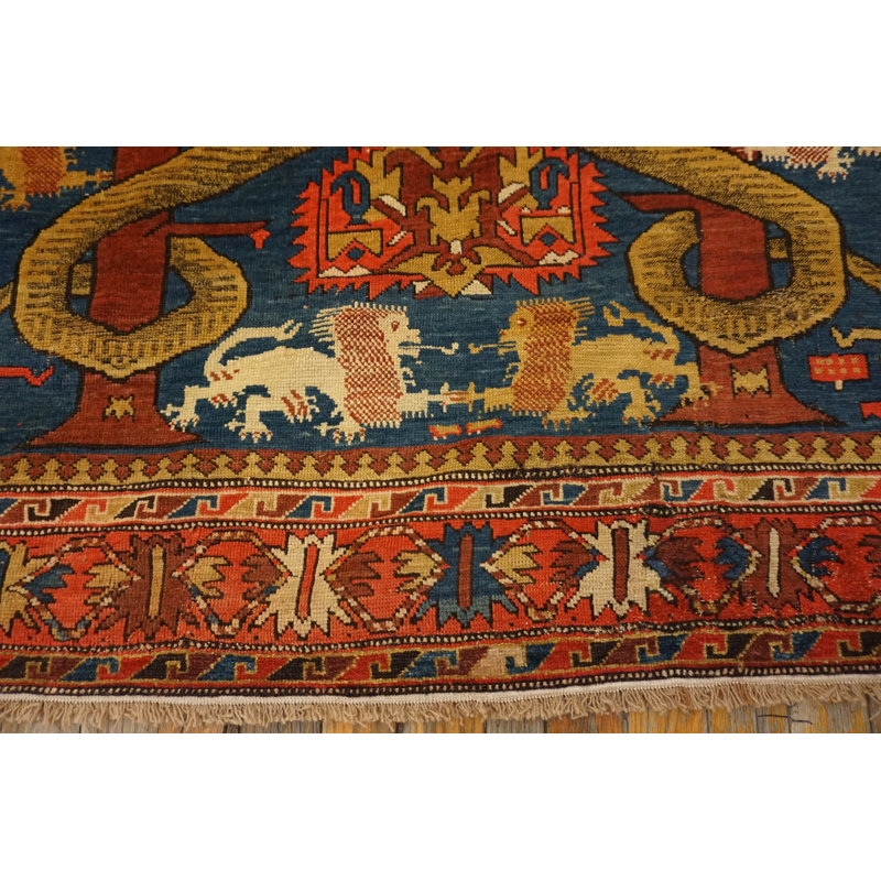Antique Caucasian Geometric Medallion Wool Hand Knotted Pile Blue 1890s Rug