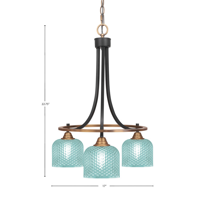 Lustre 3 lumières Mukkesh en verre turquoise mat noir et laiton 6 po, Noir mat / laiton, Sarcelle