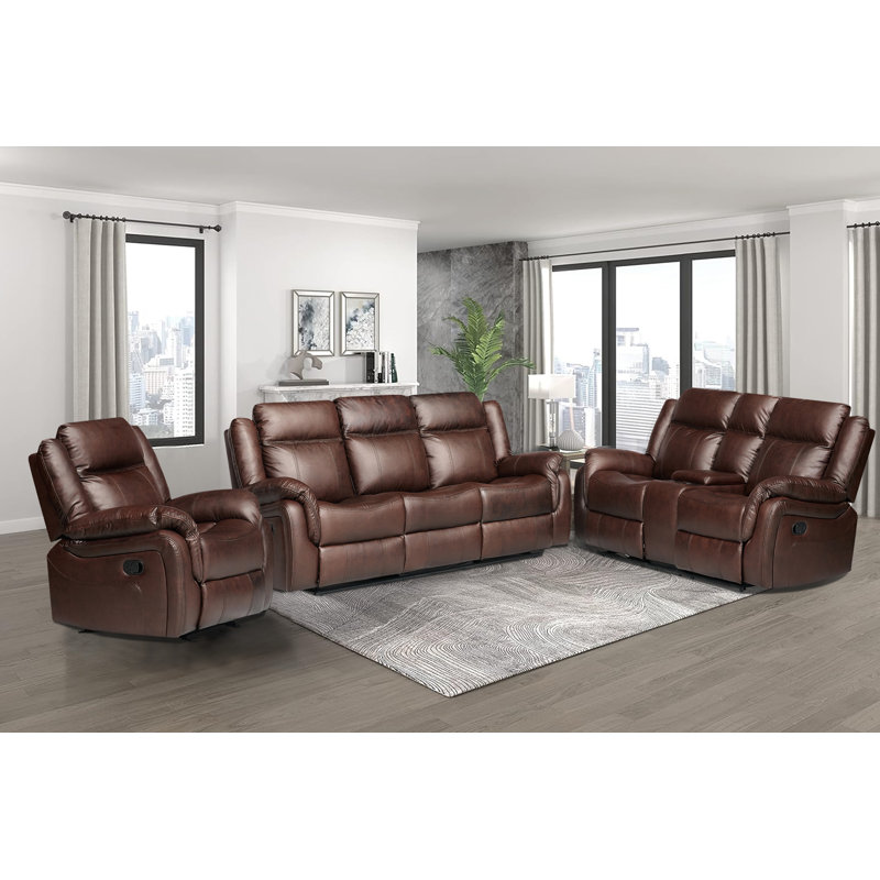 Ensemble 3 pièces de fauteuils inclinables en cuir avec table rabattable, Brun