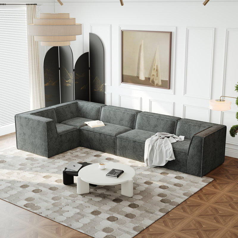 Karr 5-Seater L-Shape Boneless Compression Modular Sofa, Green Chenille