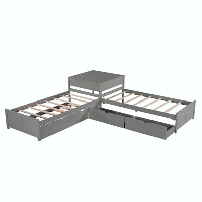 L-Shaped Platform Bed With Trundle And Drawers Linked With Built-In Desk,Twin