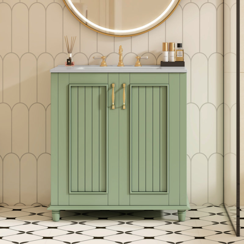 Ensemble de meuble-lavabo 30 po avec lavabo en résine, ensemble de meuble-lavabo autoportant avec tiroir caché, armoire de rangement, armoire de salle de bain à cadre en bois massif