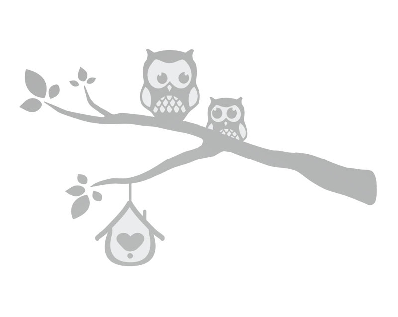 Décalcomanie murale owls sur une branche, H 39 po x l 65 po x P 0,01 po, Argent