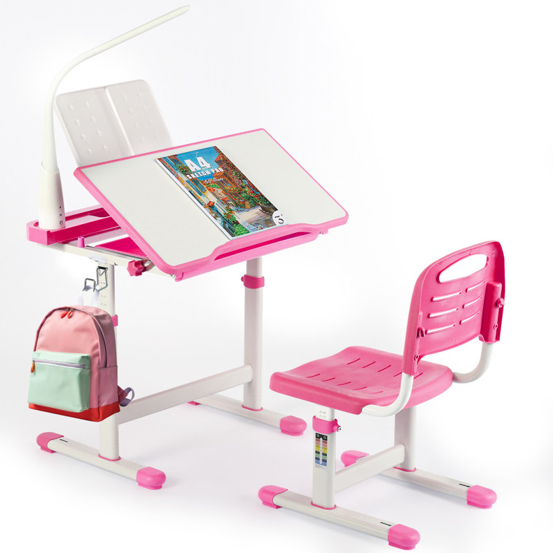 Pink Adjustable Height Kids Desk and Chair Set with Storage Drawer