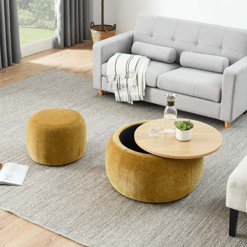 Ensemble de 2 repose-pieds ronds 2 en 1 avec petite assise, table de bout et repose-pieds, Dark yellow